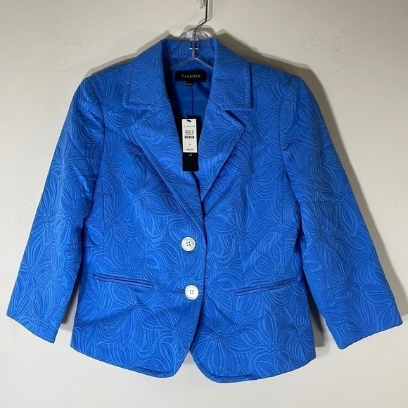 NWT. Talbots 4 Blue Floral Jacquard Knit Blazer. - Picture 2 of 15
